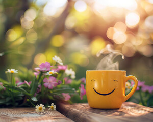 Bright mug with a smiling face on a wooden surface, set against a nature flower landscape. good morning, happy and positive concept