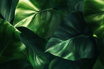 Lush tropical foliage close-up. Deep green leaves