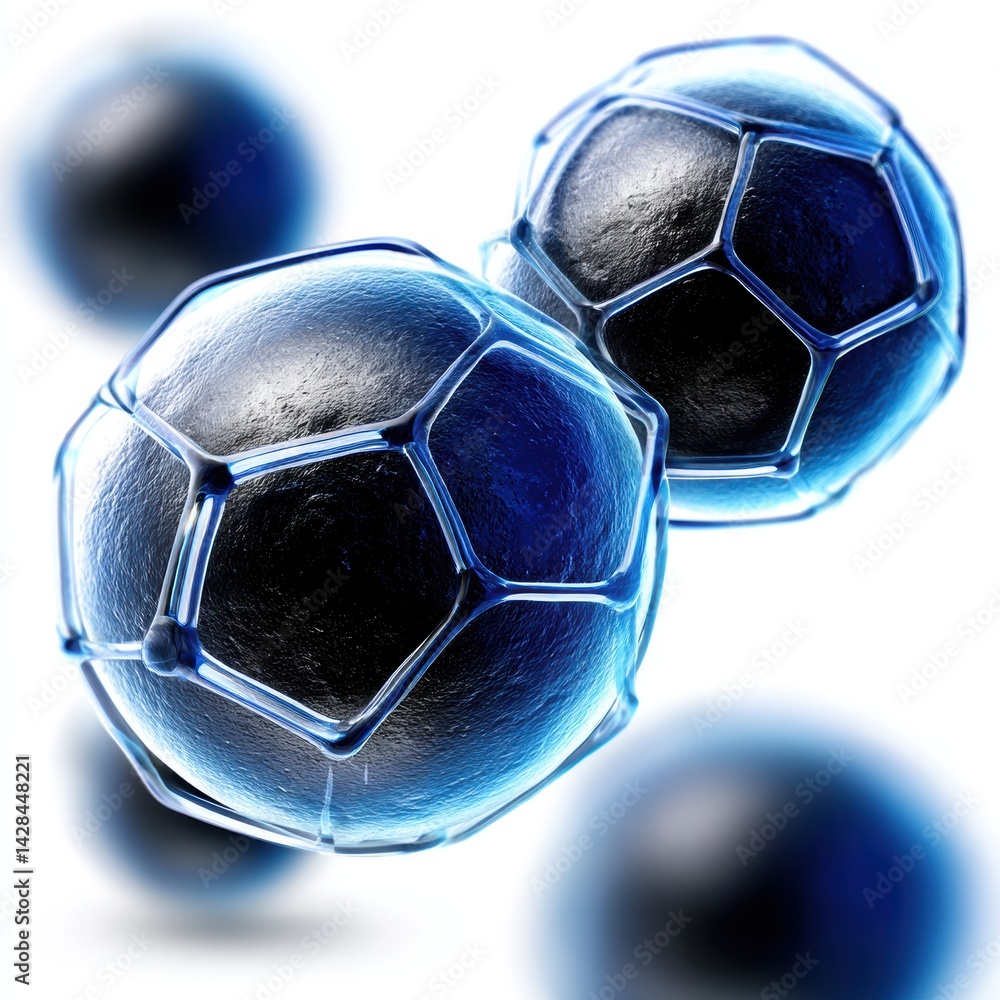 Poster a close-up of spherical, textured shapes resembling soccer balls, showcasing a glossy surface and di