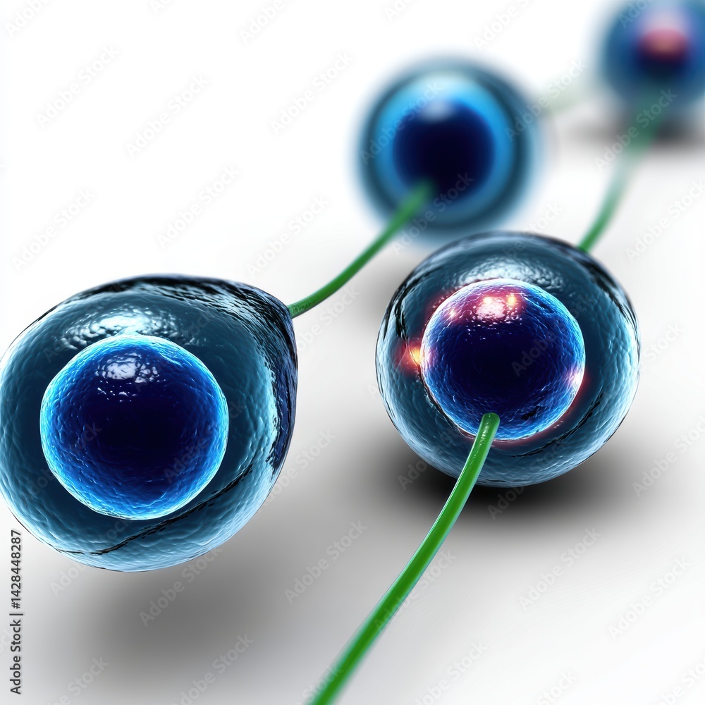 Poster a close-up view of stylized cells with glowing nuclei, interconnected by green strands, symbolizing 