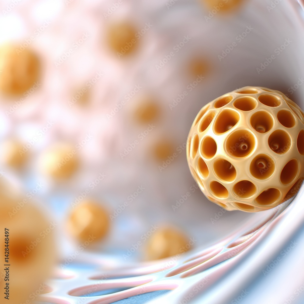 Poster an abstract depiction of spherical structures flowing through a tubular environment, showcasing an i