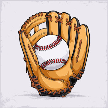 Hand drawn professional beige leather baseball glove with white and red stitched baseball ball on it isolated on white background