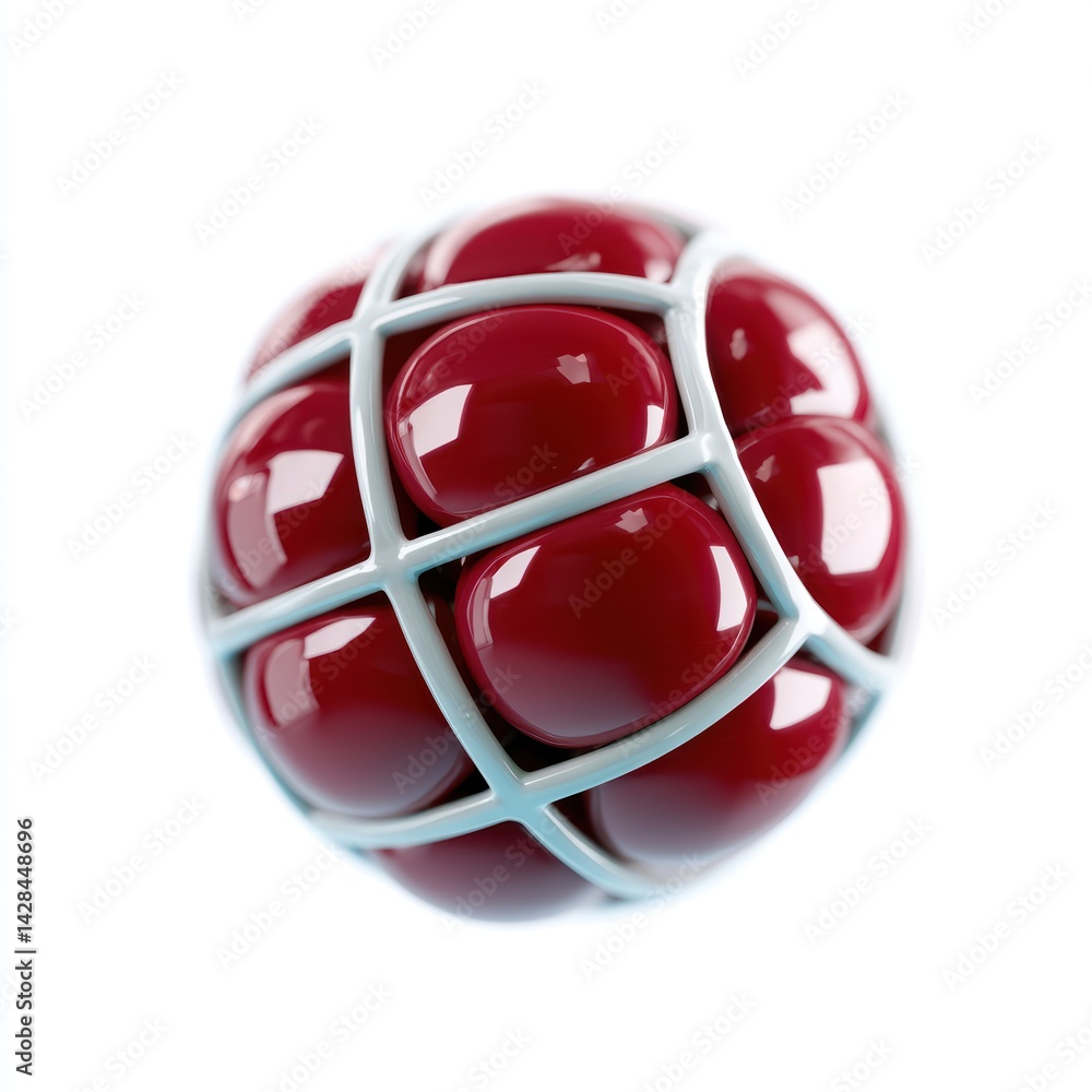 Poster a glossy red sphere with a white grid pattern, showcasing a modern and stylish design.