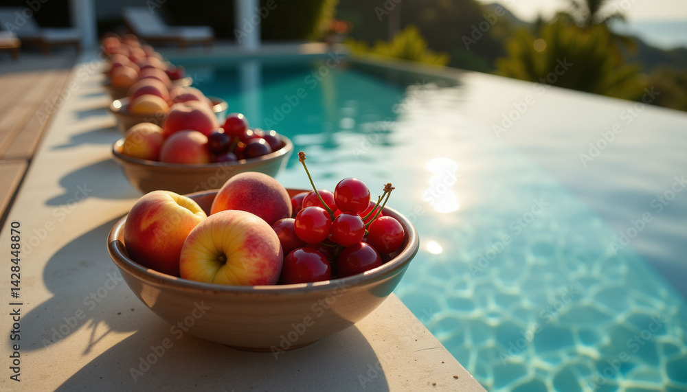 Poster a row of bowls filled with fruit are placed on a pool deck. the bowls contain apples and cherries. t