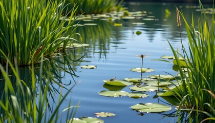 Fototapeta premium Dragonfly action on lily pads in tranquil pond nature photography serene environment close-up view