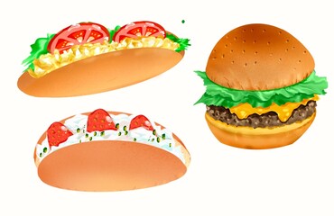 チーズバーガーと卵とトマトのサンドイッチ、苺とクリム、ピスタチオのサンドイッチのイラスト