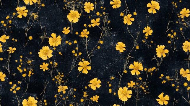 Dark backdrop featuring a repetitive pattern of small yellow flowers.