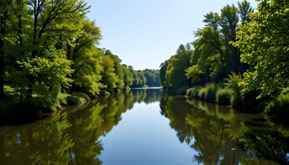 Serene river reflection nature park landscape photography tranquil environment daylight view peaceful concept