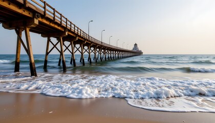 Serene sunrise over ocean waves pier view nature photography coastal environment tranquil scene
