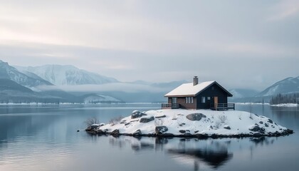 Fototapeta premium Secluded Winter Cabin: Serene Lake, Snowy Island, Mountain Vista