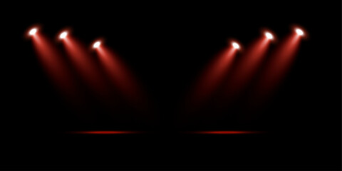 Various red spotlight beams isolated on black background. Set of bright red stage beams. Vector illustration