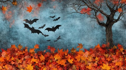 A pile of autumn leaves scattered under a tree with hidden Halloween props