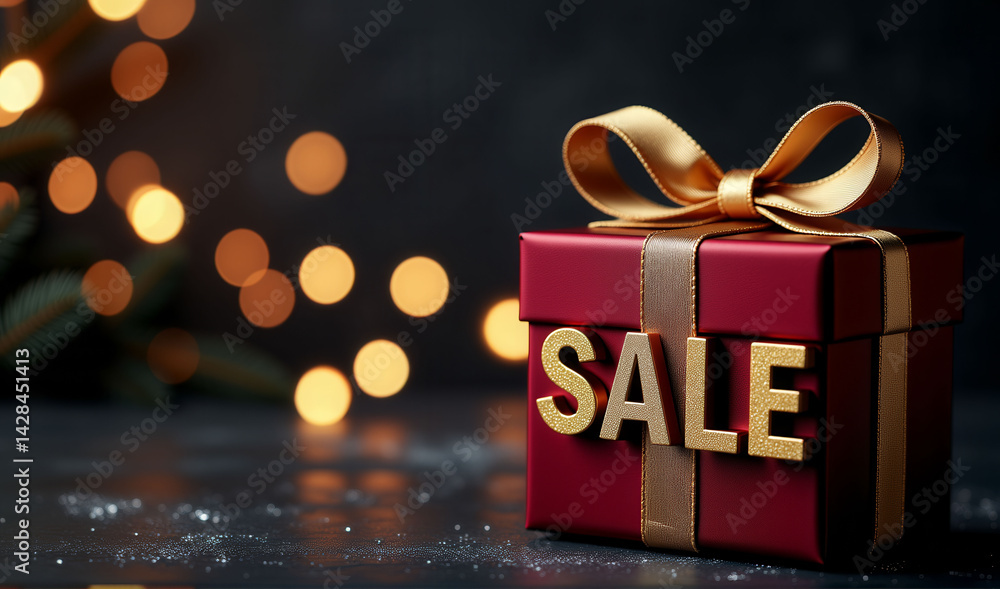 Poster a red box with a gold bow and the word sale written on it. the box is placed on a dark surface with 