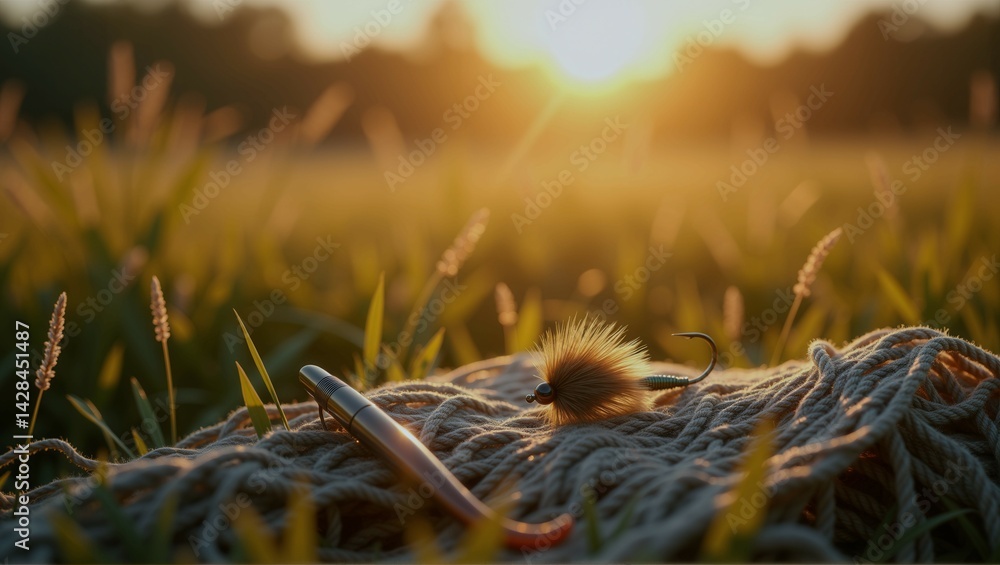 Poster a fishing lure is on a piece of string in a field. the sun is setting in the background