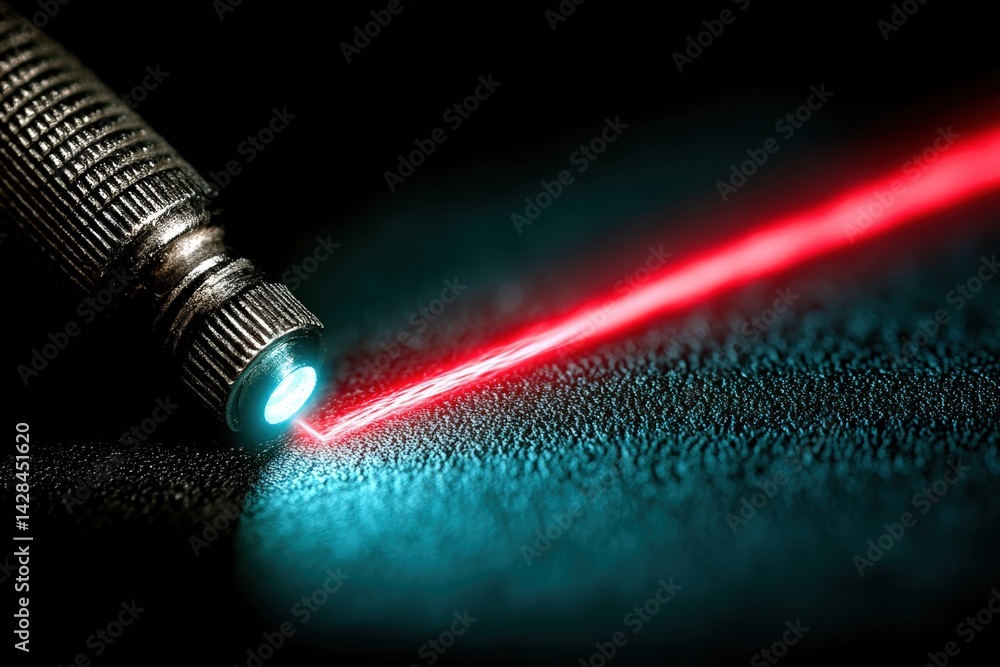 Poster a close-up of a laser pointer emitting a vibrant red beam, highlighting the textured surface it illu