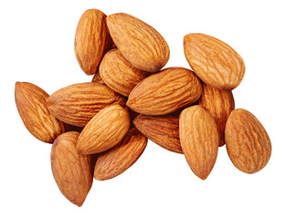 Almond nut seeds  isolated on white background. Whole brown peeled almond nuts  pile. Almonds  Package design element.