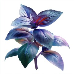 A vibrant, digitally rendered basil plant featuring iridescent, colorful leaves on a simple white background.