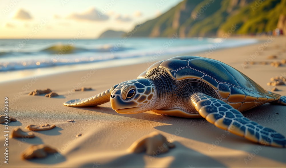 Poster a turtle laying on the beach. the turtle is small and has a green shell. the beach is sandy and has 