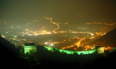 Night View of the Great Wall of China Illuminating the Cityscape