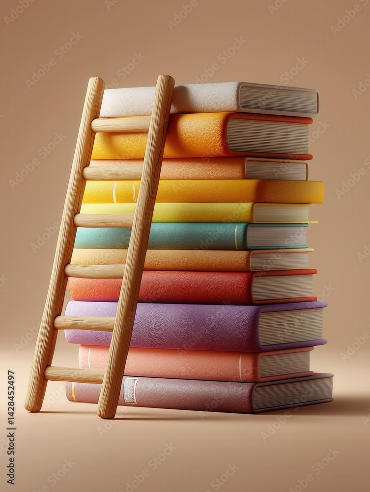 Poster a colorful stack of books with a wooden ladder leaning against it, creating an inviting atmosphere f