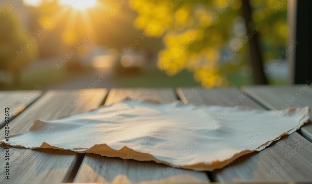 Poster a white napkin sits on a wooden table. the napkin is folded in half and is laying on the table. the 