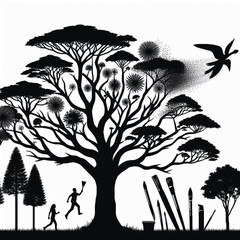 Tropical Plants and Trees Silhouette Set – Vector Collection of Palm Trees, Leaves, and Botanical Elements in Black and White