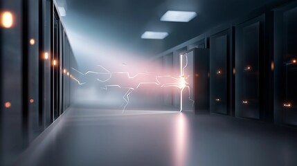 High-tech server room visualization. Conceptual glowing fracture effect on server rack representing data breach, cybersecurity threat, or system vulnerability. No people shown.