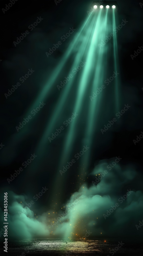 Poster a mysterious scene featuring beams of green light piercing through dark clouds, creating an ethereal