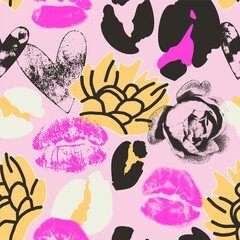 Pink seamless pattern with peonies and roses, lips, kisses, leopard spots, hearts. Flowers. Vector background, design, print. Vintage halftone, mixed media