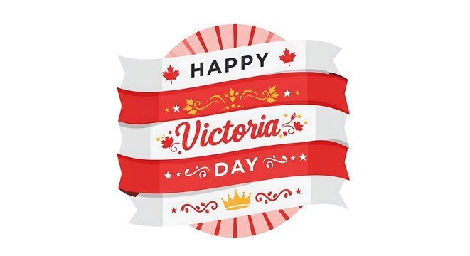 Victoria Day Decorative Ribbon Graphic: Red and White Banner with Maple Leaves, Stars, and Crown Celebrating Canadian Holiday with Festive Flair for Celebrations and Design Projec**ts.**