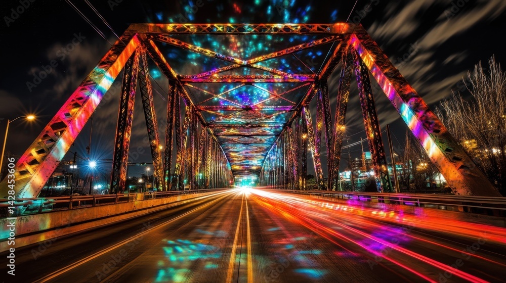Poster bridge covered in led panels cycling through animated light patterns across its frame