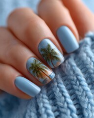 A close-up of a hand with beautifully manicured blue nails featuring palm tree designs, set against a soft knitted backdrop.