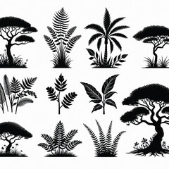 Tropical Plants and Trees Silhouette Set – Vector Collection of Palm Trees, Leaves, and Botanical Elements in Black and White