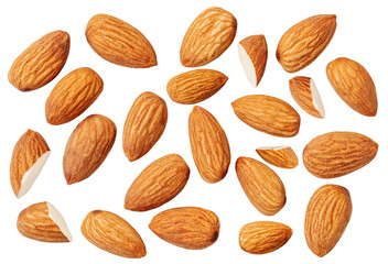 Fresh Almond nuts collection isolated on white background. Whole almonds nuts set. Almonds pattern. Package design elements.