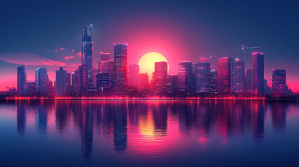 Obraz premium Vibrant cityscape at sunset reflected in calm water, with stylized neon colors and modern architecture.