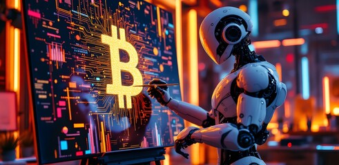 Exploring the intersection of artificial intelligence and cryptocurrency through a futuristic robot creating digital art in a vibrant urban environment Generative AI