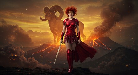 A fierce warrior emerges from a volcanic landscape, ready for battle against the backdrop of a massive ram under a fiery sky Generative AI