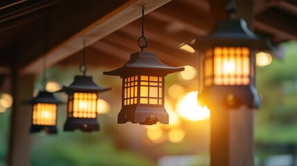 Obraz premium Close-up of traditional lanterns hanging from wooden beams in warm golden glow