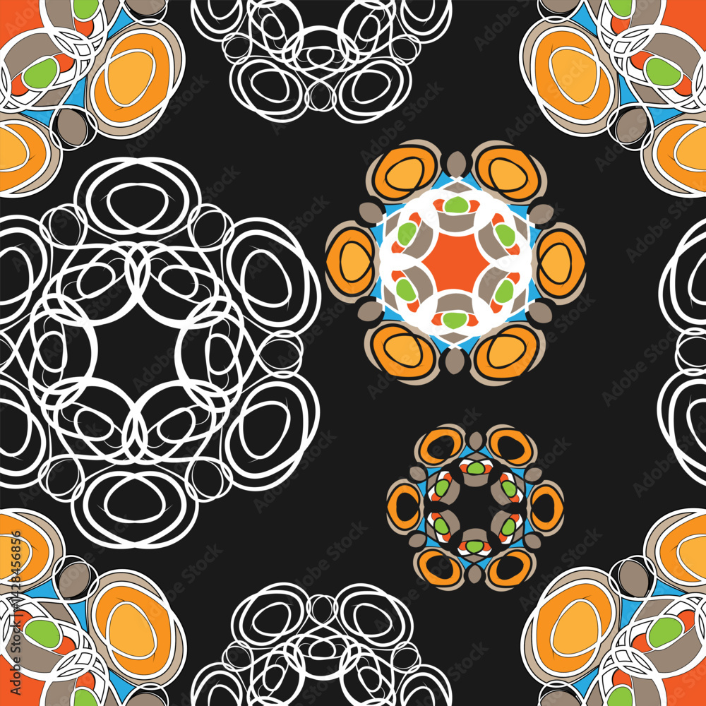 Aufkleber seamless pattern with multicolor rounded ornamental compositions on a black background. vector illus