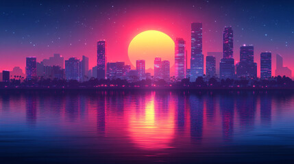 Fototapeta premium Retro cityscape at sunset, vibrant colors reflecting on calm water.