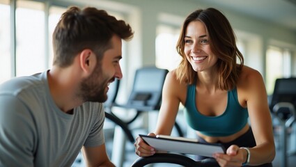 Woman Discussing Fitness Plan with Man in a Gym Setting