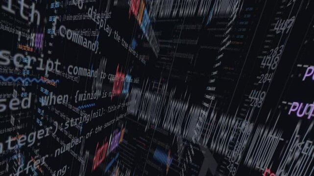 movement through code lines vortex, 3d firewall hacking world concept in digital 3d animation