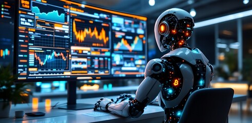 Futuristic AI analyzing data trends in a high-tech trading office during nighttime operations Generative AI  robot, trading, data, analysis, technology, finance, market,