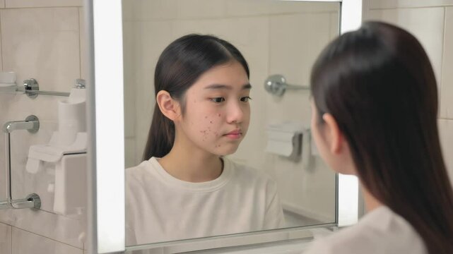 Teen Asian Girl Examining Her Acne in the Bathroom Mirror