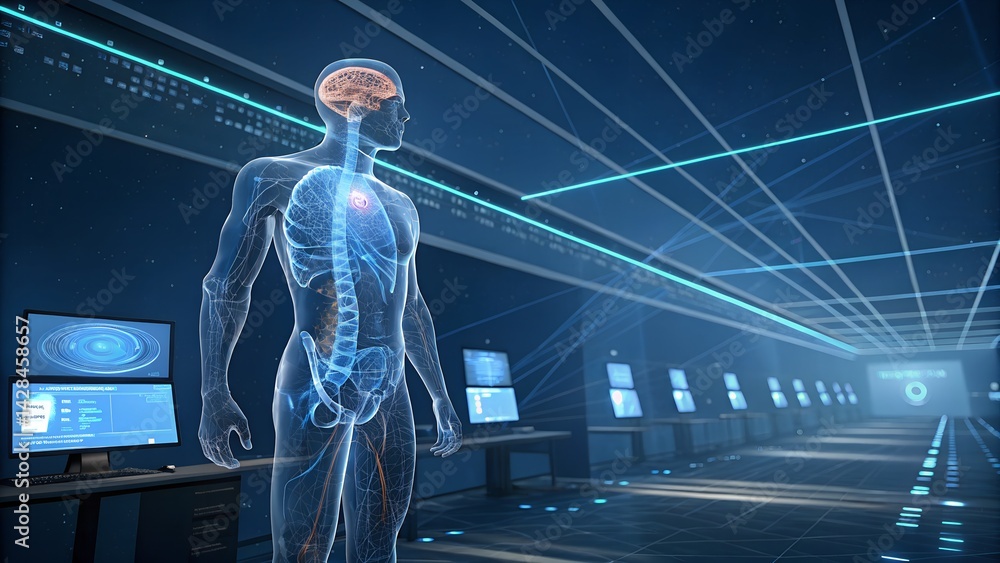 Poster exploring the intersection of artificial intelligence and human anatomy in a futuristic digital envi