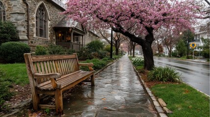 Park bench under pink blossoms, wet street