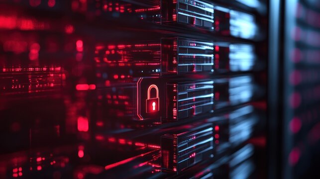 Secure server rack with illuminated padlock symbol.