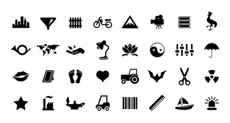 Big Icon Set. City, World Map, Love, Book, Library, Factory, Umbrella, Filter, Chicken, Scissor, Boat, Star, Foot Icons Vector Illustration