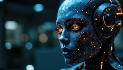 Robotic Head with Luminous Features Futuristic Laboratory Digital Art High-Tech Environment Close-Up Innovation