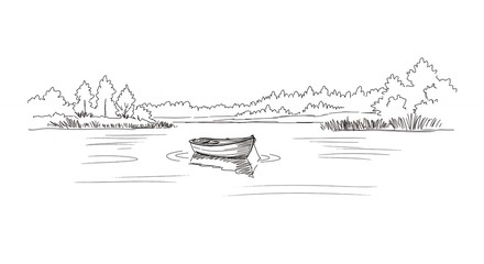 Fototapeta premium Simple lakeside rowboat illustration sketch drawing